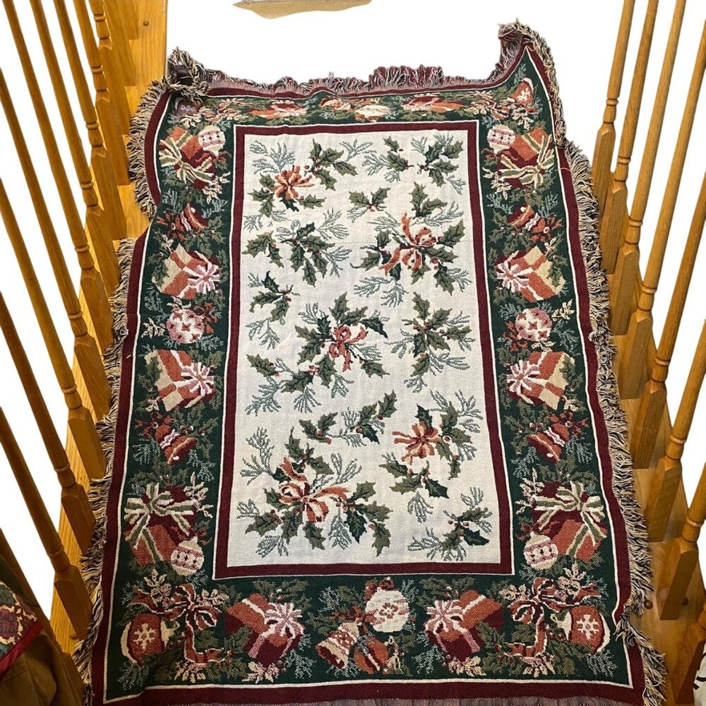 Vintage Beacon Christmas Tapestry Throw Blanket Reversible Bells‎ Ornaments USA